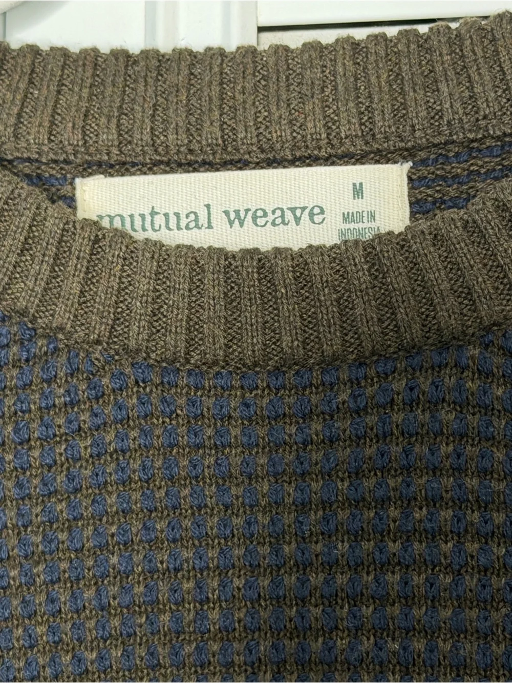 Mutual Weave Men's Waffle Knit Crewneck Sweater Olive Green Blue Blend Size M